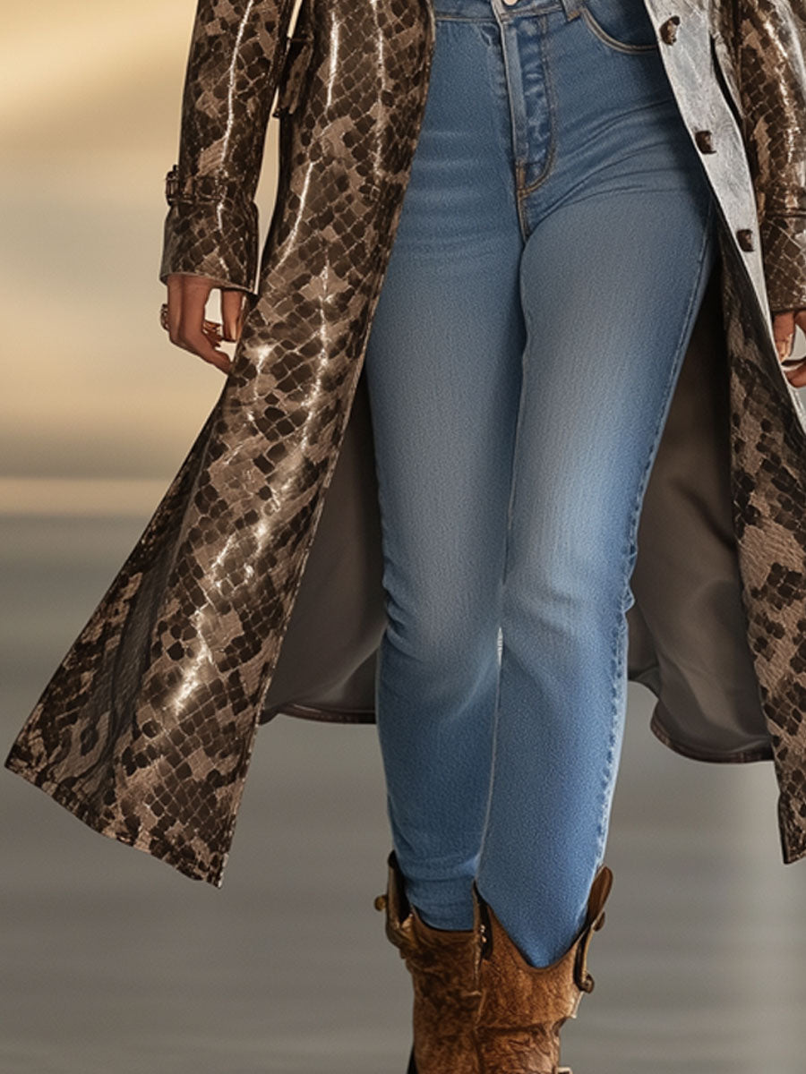 Vintage Brown Snake Print Eco-Friendly Faux Leather Pocket Long Coat
