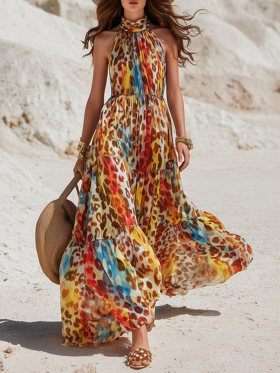 Wild And Colorful Leopard Print Sleeveless Chiffon Maxi Dress