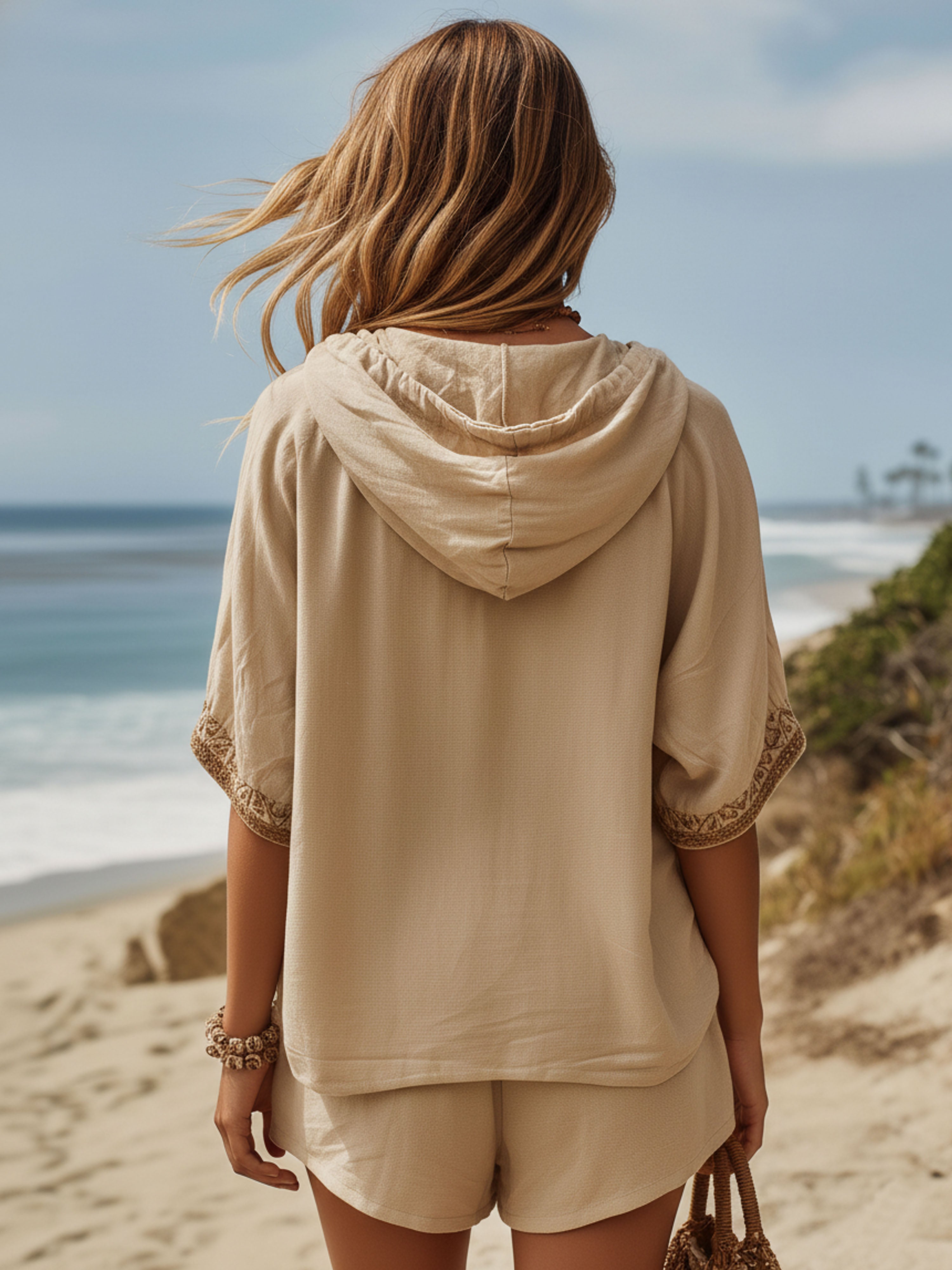 Resort-Style Cotton-Linen Hooded Khaki Mid-Sleeve Embroidered Shorts Set