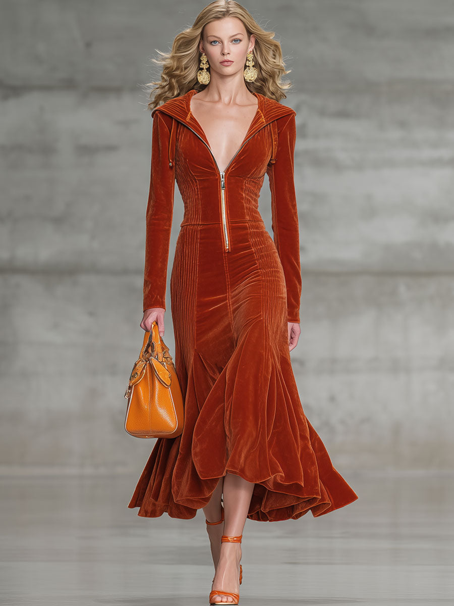 Fashionable And Casual Reddish Brown Velvet Long-Sleeved Hooded Open-Waisted Midi Dress
