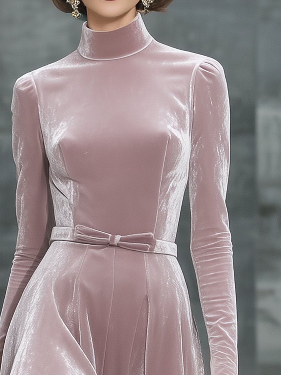 Pink Velvet Round Neck Bow Belt Flared Midi Dress