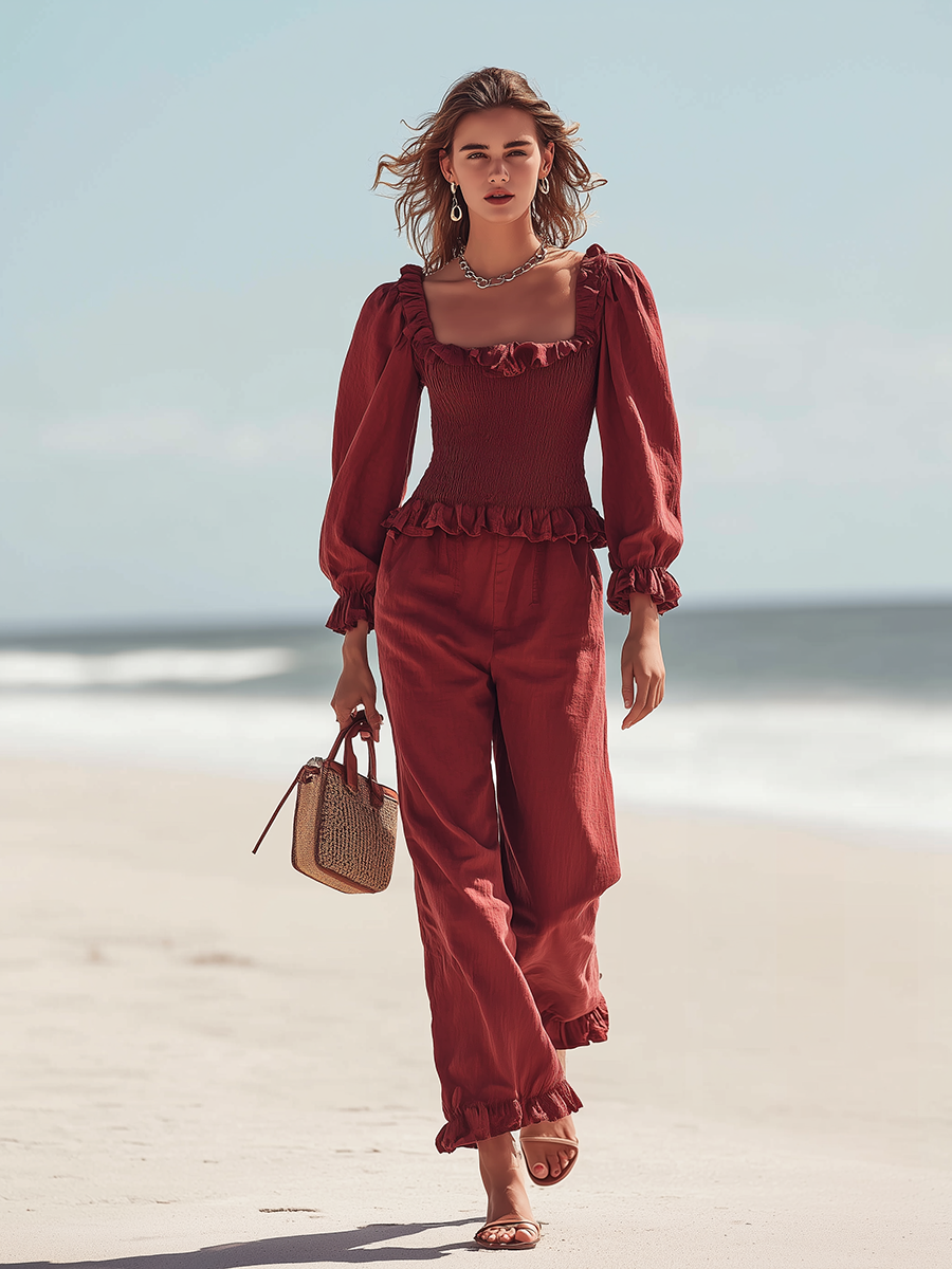 Vacation-style Red Cotton Long-sleeved Shirt And Trousers Set