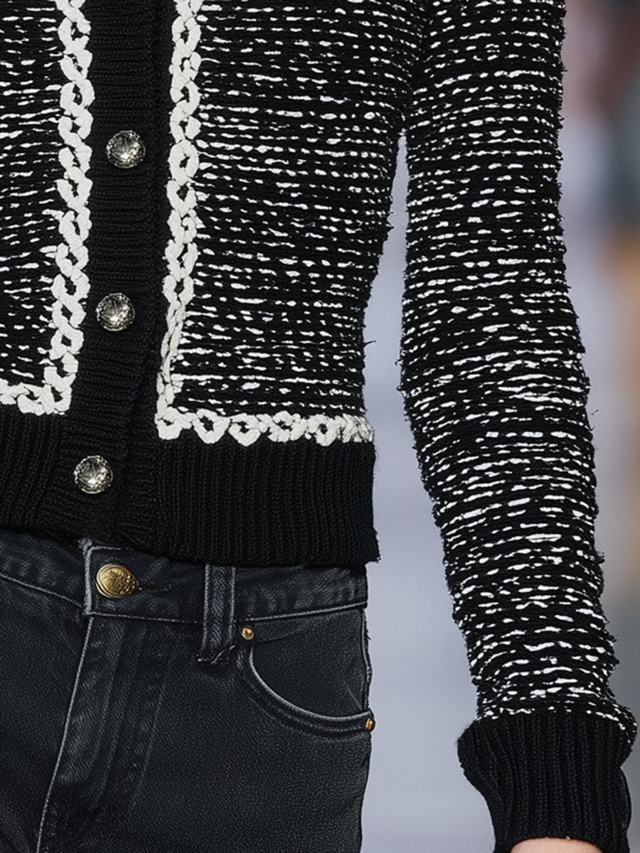 Black And White Contrast Wool Button-down Cardigan