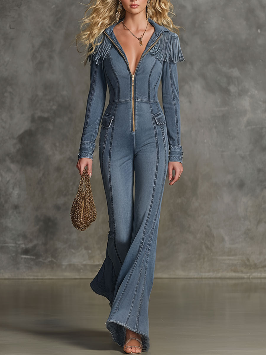 Fashionable Casual Blue Washed Denim Lapel Long-Sleeved Tassel Jumpsuit