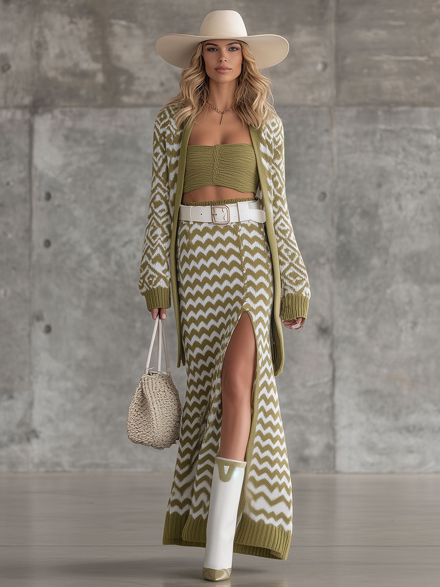Classic And Fashionable Knitted Cardigan Long Skirt Set