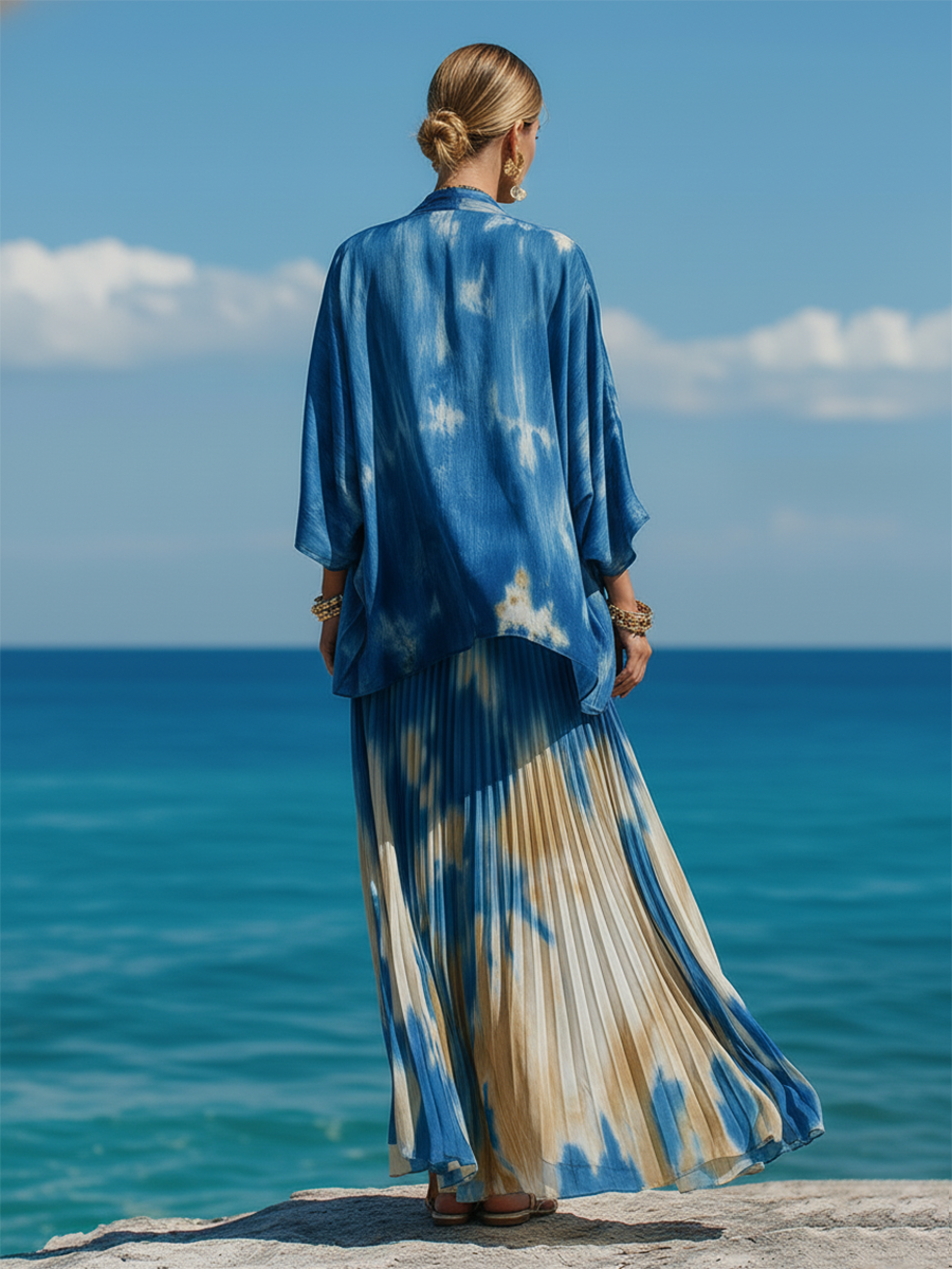Stylish Vacation-style Printed Chiffon Shirt And Pleated Skirt Set