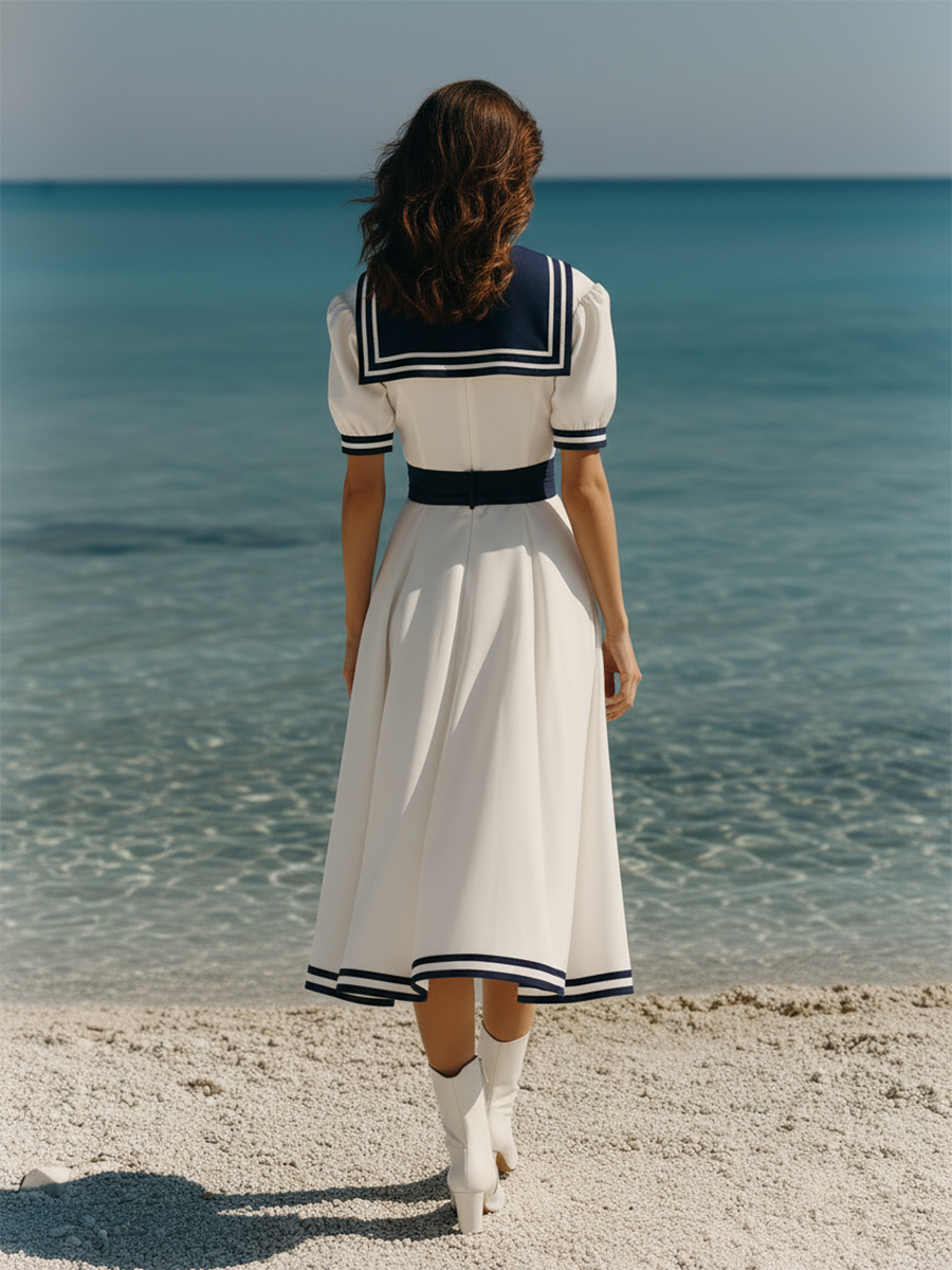 Navy Collar Resort Style White Short-sleeved Midi Dress