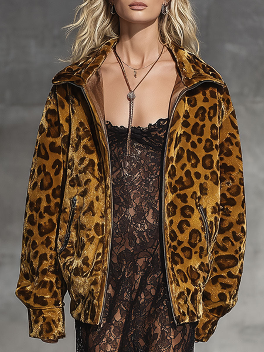 Casual Vintage Gold Velvet Leopard Print Zipper Jacket