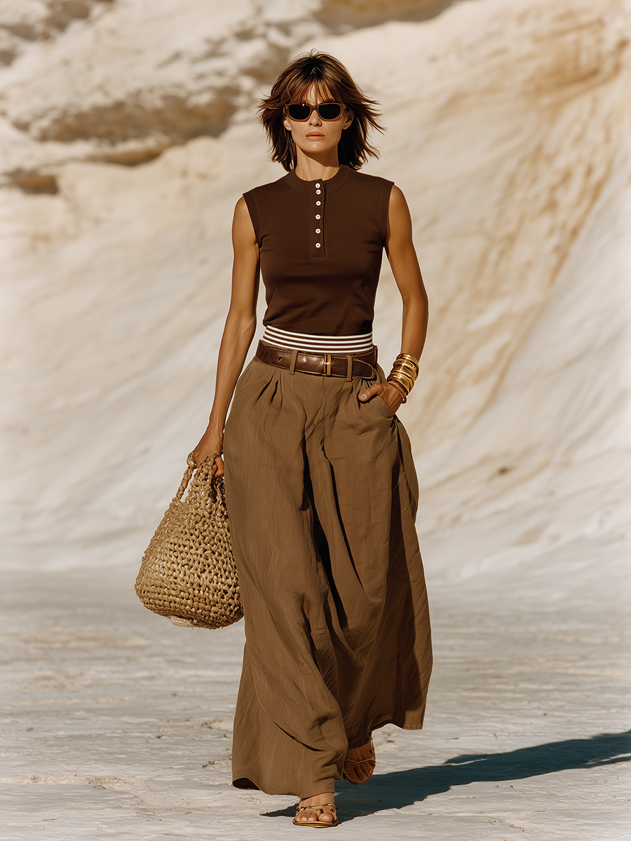 Casual And Stylish Sleeveless Knitted Top And Double-layered Waistband Cotton Skirt Set