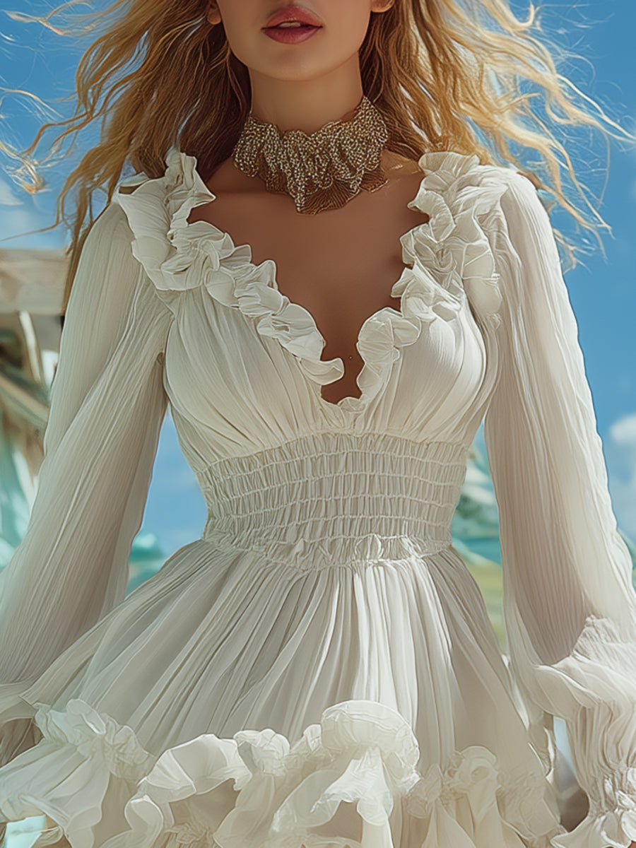 Bohemian White Chiffon Ruffled Hem Mini Dress