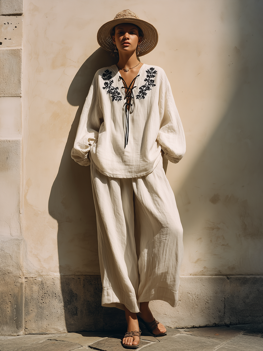 Relaxed Vacation Style: Black Embroidered Top And Wide-leg Pants Cotton-linen Set