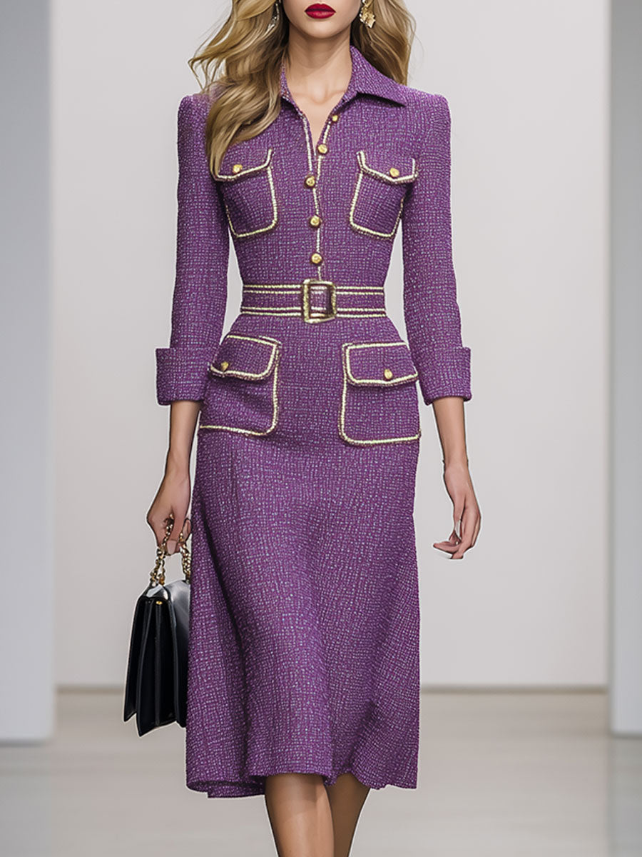 Vintage Elegant Purple Tweed Button Midi Dress