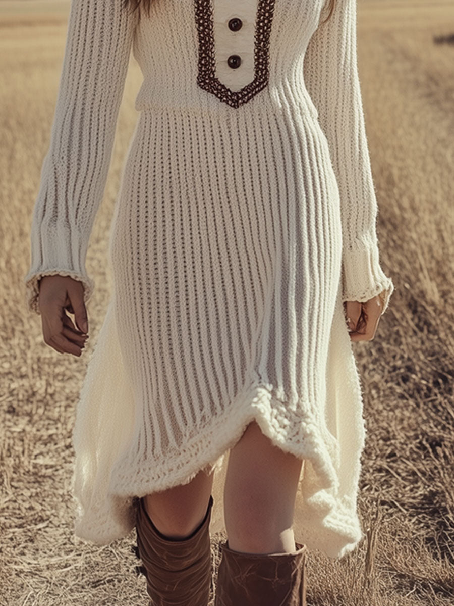 Vintage Cream Knit Long Sleeve Midi Dress