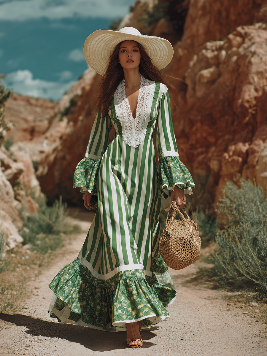 Loose-fitting Bohemian V-neck Lace And Printed Satin Maxi Dress