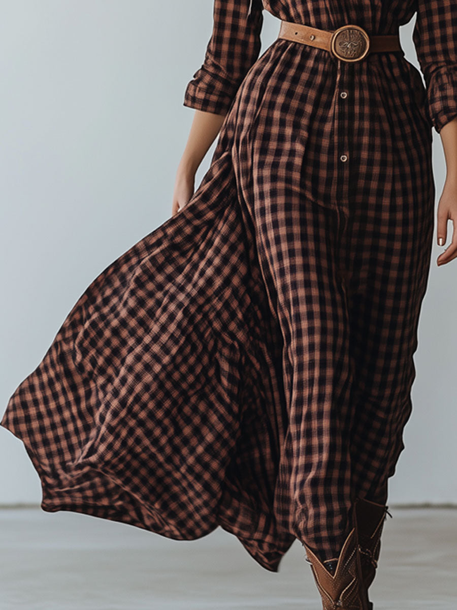 Casual Vintage Brown Plaid Long Sleeve Shirt-Style Tie Midi Dress