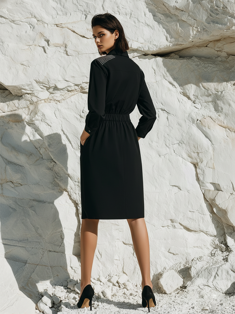 Stylish Shoulder Embellishments Black Shirt Midi Dress