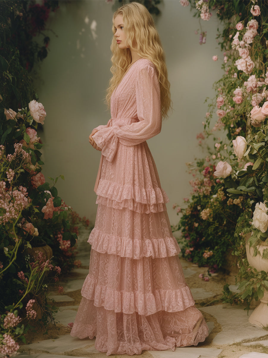 Romantic V-neck Pink Lace Multi-layered Ruffle Maxi Dress