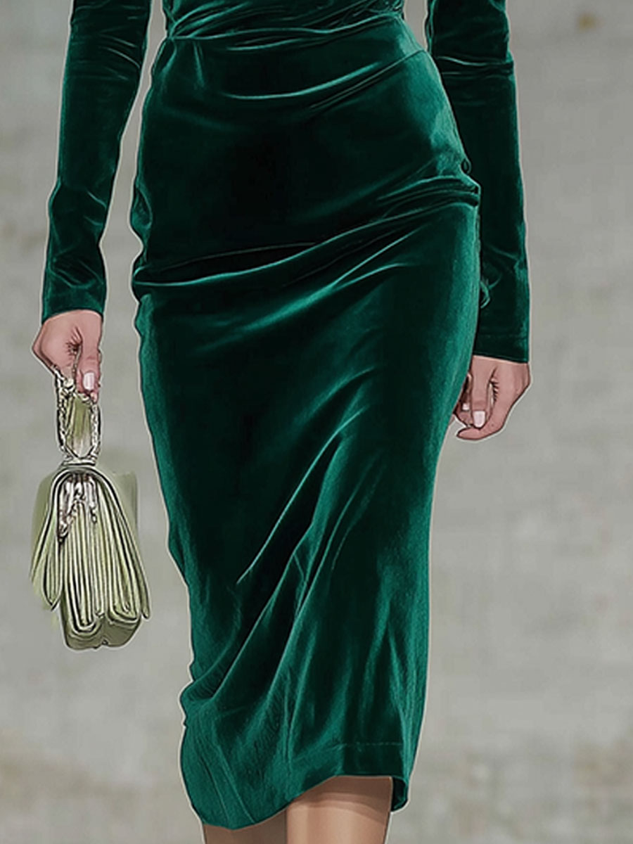 Fashion Party Off-The-Shoulder Green Velvet Long-Sleeved Midi Dress