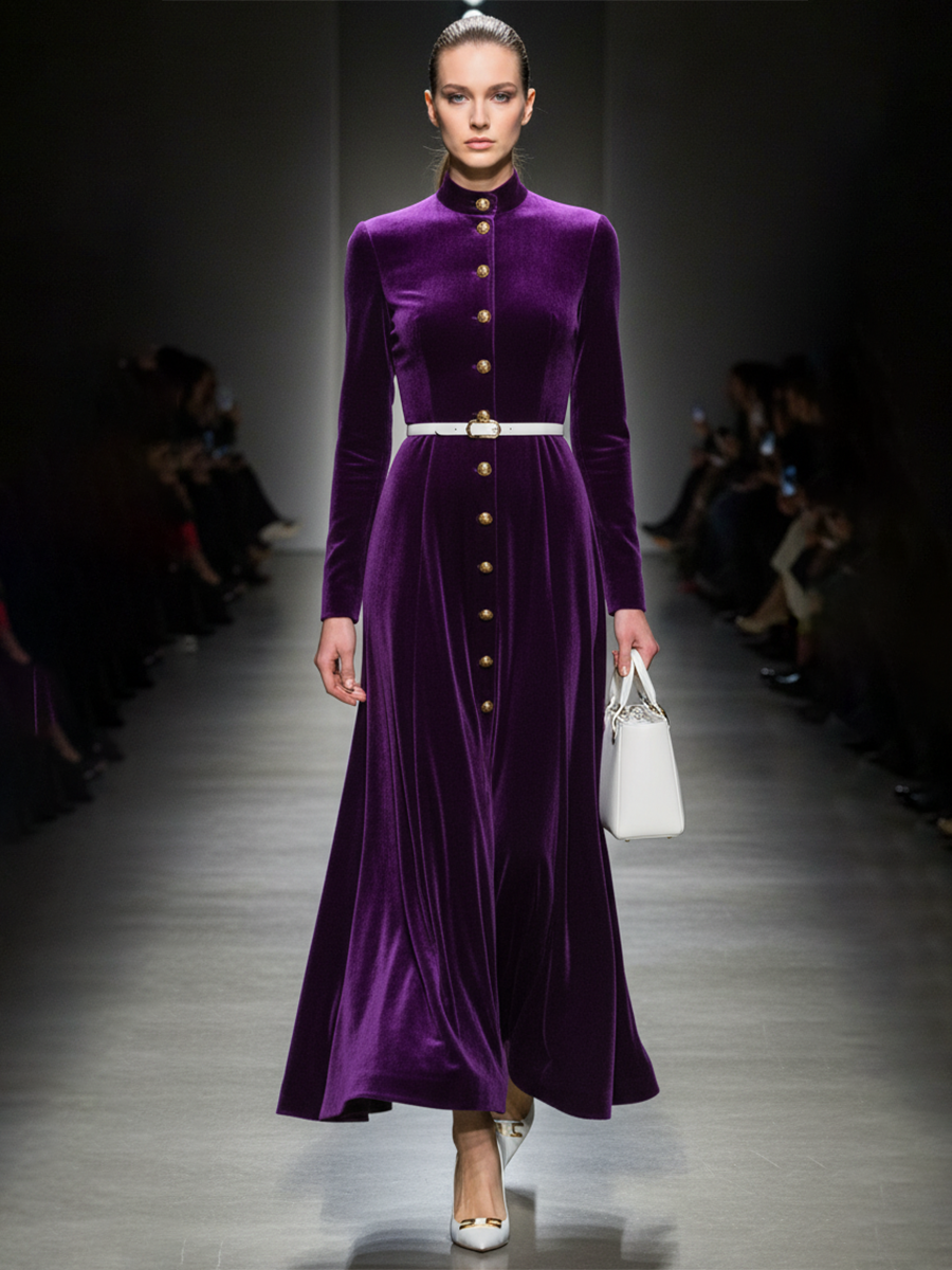 Elegant Purple Velvet Maxi Dress With Gold Buttons