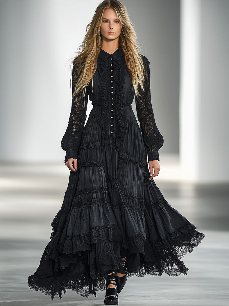 Retro Elegant Black Washed Cotton Splicing Lace Long Sleeve Lapel Maxi Dress