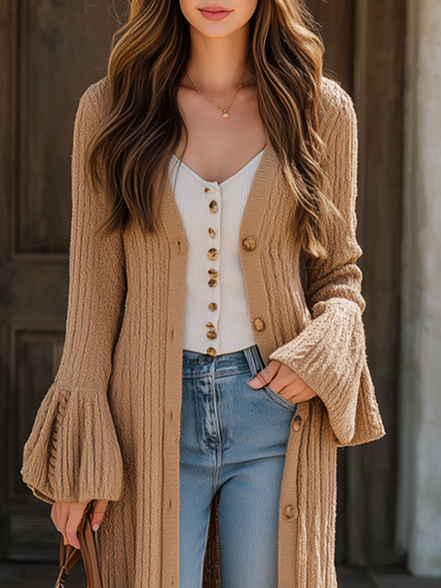 Western Retro Camel Knitted Bell Sleeve Cardigan
