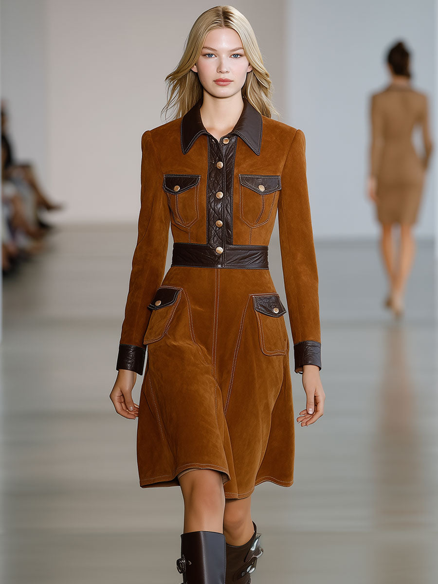 Vintage Lapel Faux Suede And Faux Leather Midi Dress