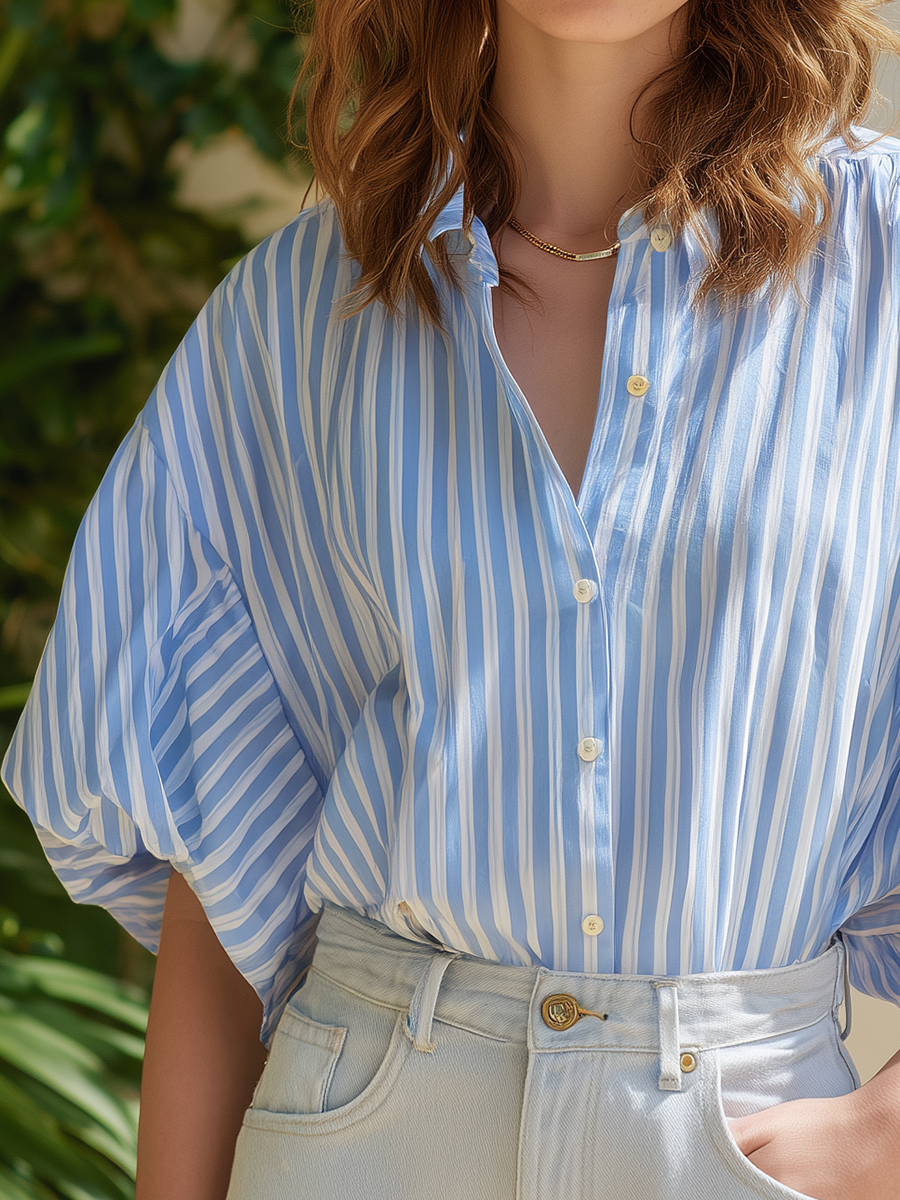 Resort-style Blue And White Striped Short-sleeved Shirt