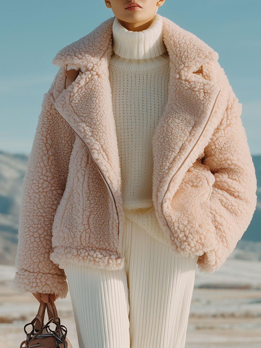 Fashion Retro Pink Lapel Zipper Short Wool Coat