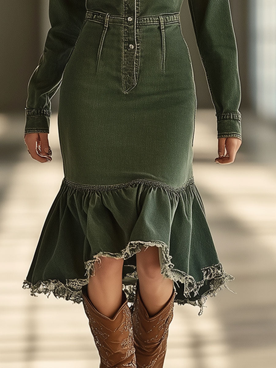 Vintage Green Denim Long Sleeve Raw Edge Fishtail Midi Dress