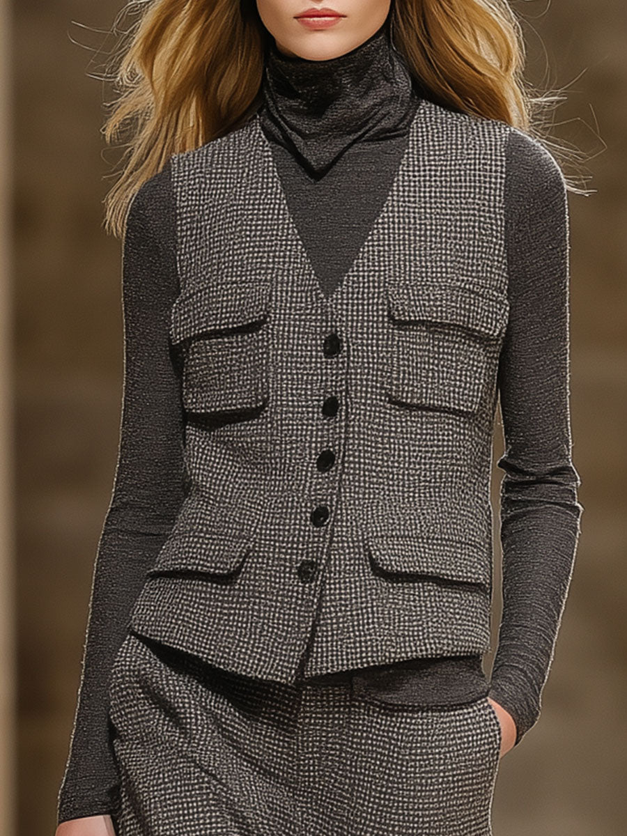 Retro Fashion Vest Wide-Leg Pants Gray Tweed Suit