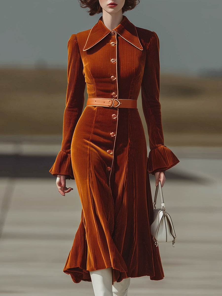 Fashionable Orange Corduroy Button-down Flared Maxi Dress