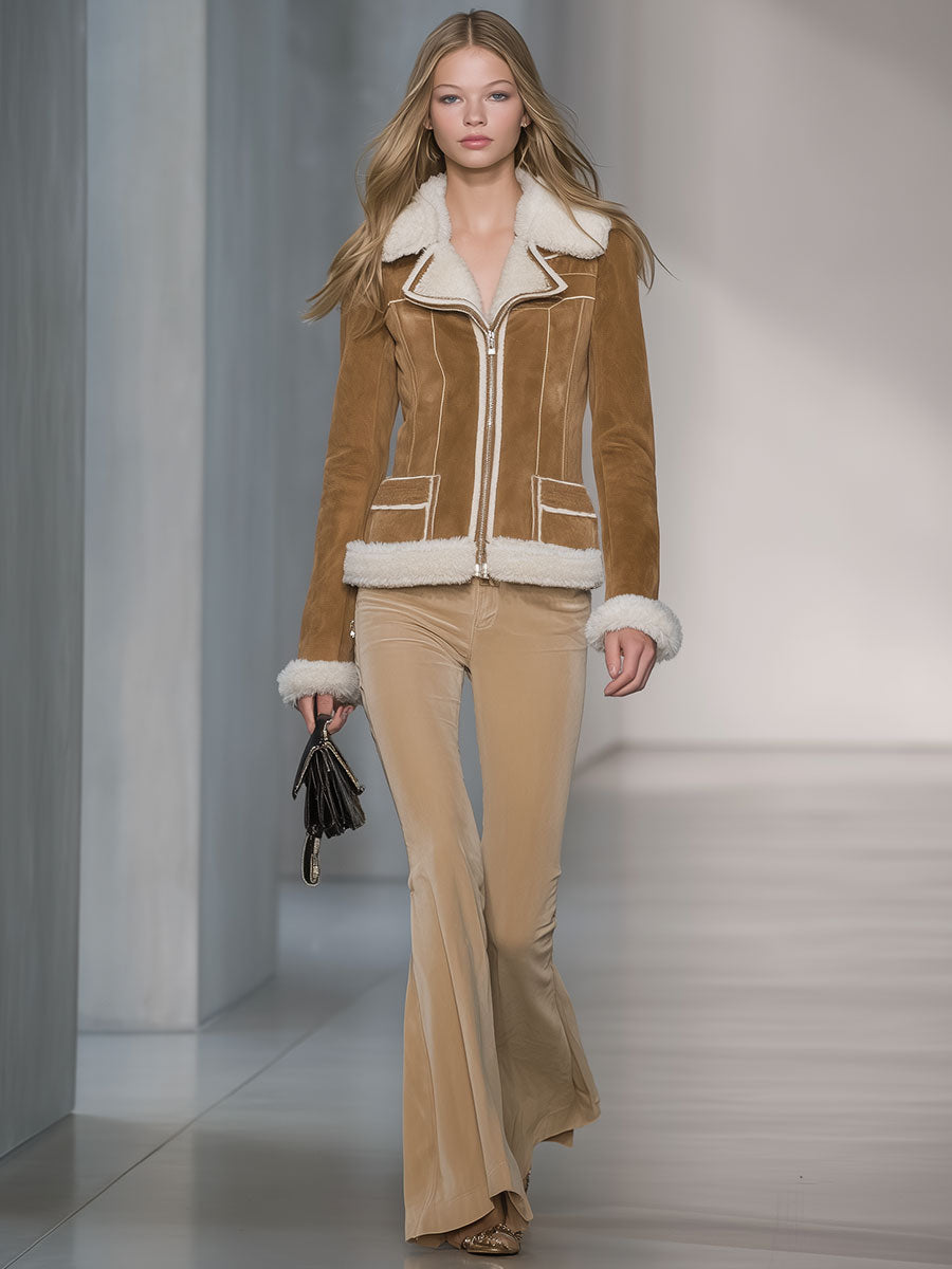 Retro Fashion Fur Collar Brown Suede Jacket