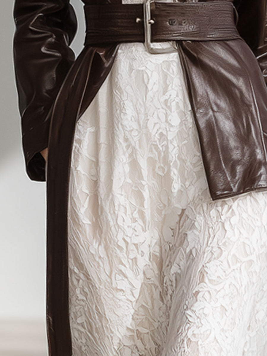 Vintage Brown Faux Leather Lace-Up Blazer