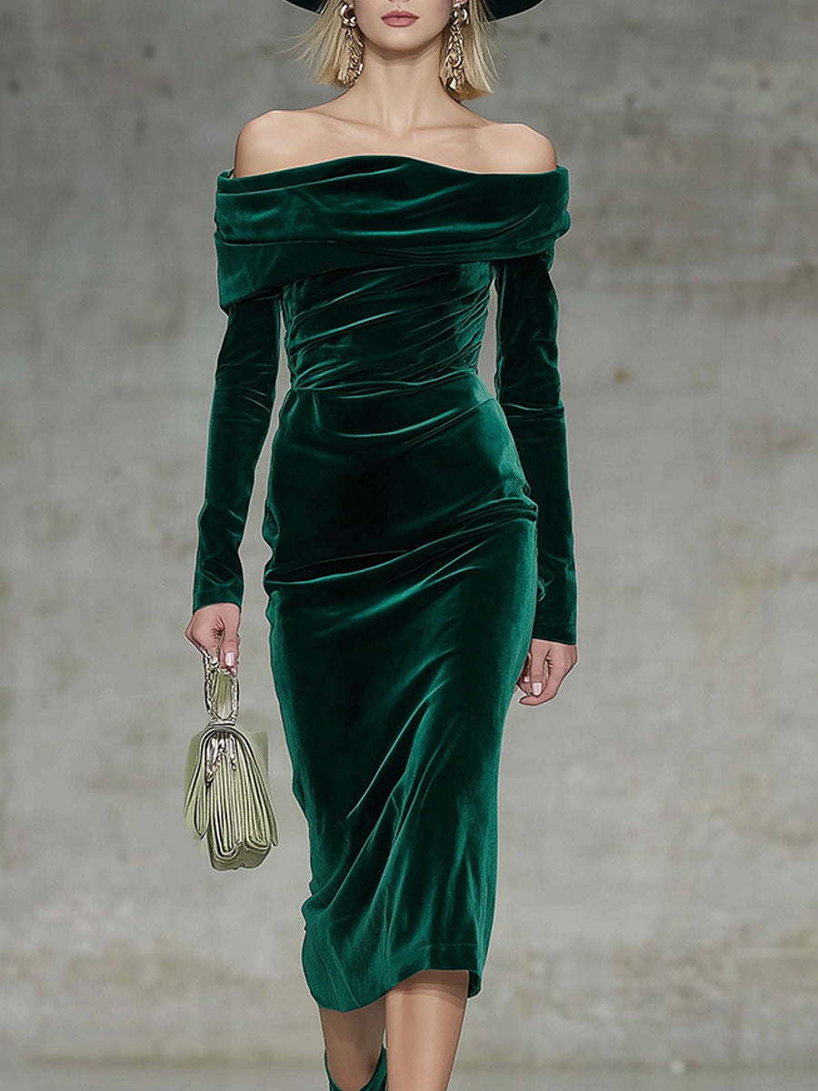Fashion Party Off-The-Shoulder Green Velvet Long-Sleeved Midi Dress