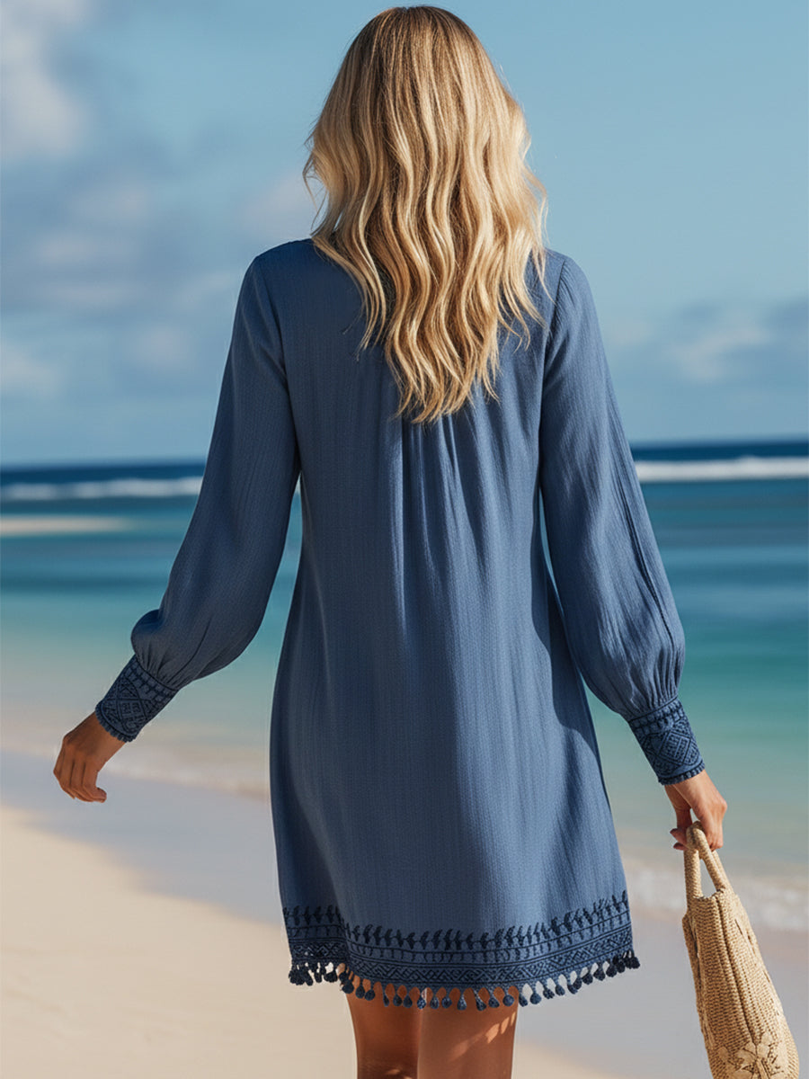 Bohemian Embroidered Blue Cotton Linen Tassel Mini Dress