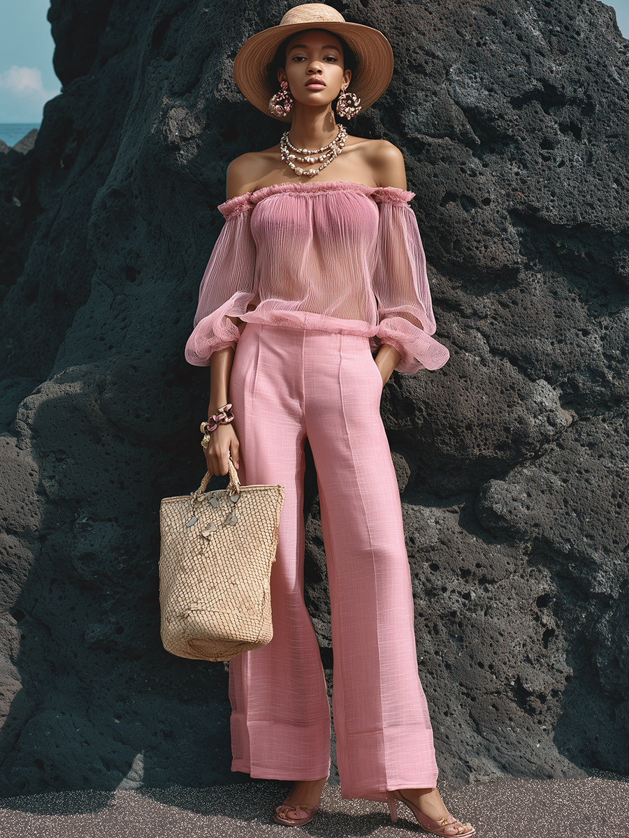 Luxury Resort Style Dusty Rose Pink Chiffon Off-Shoulder Top And Linen Wide-Leg Pants Set