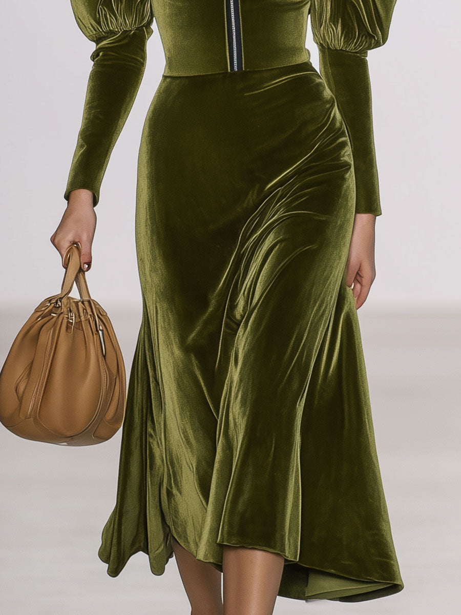 V-Neck Vintage Green Velvet Long-Sleeved Midi Dress