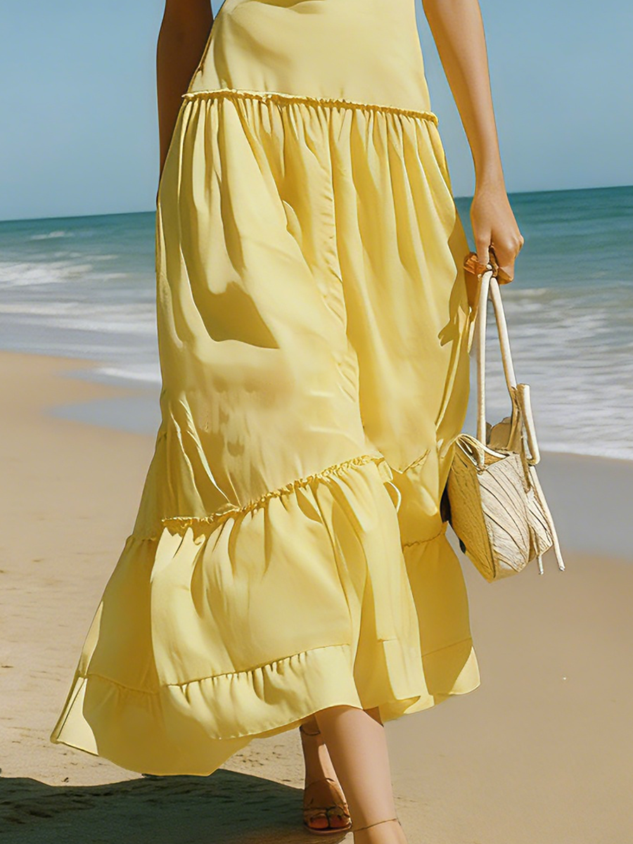 Vacation-style Yellow Cotton Off-the-shoulder Maxi Dress