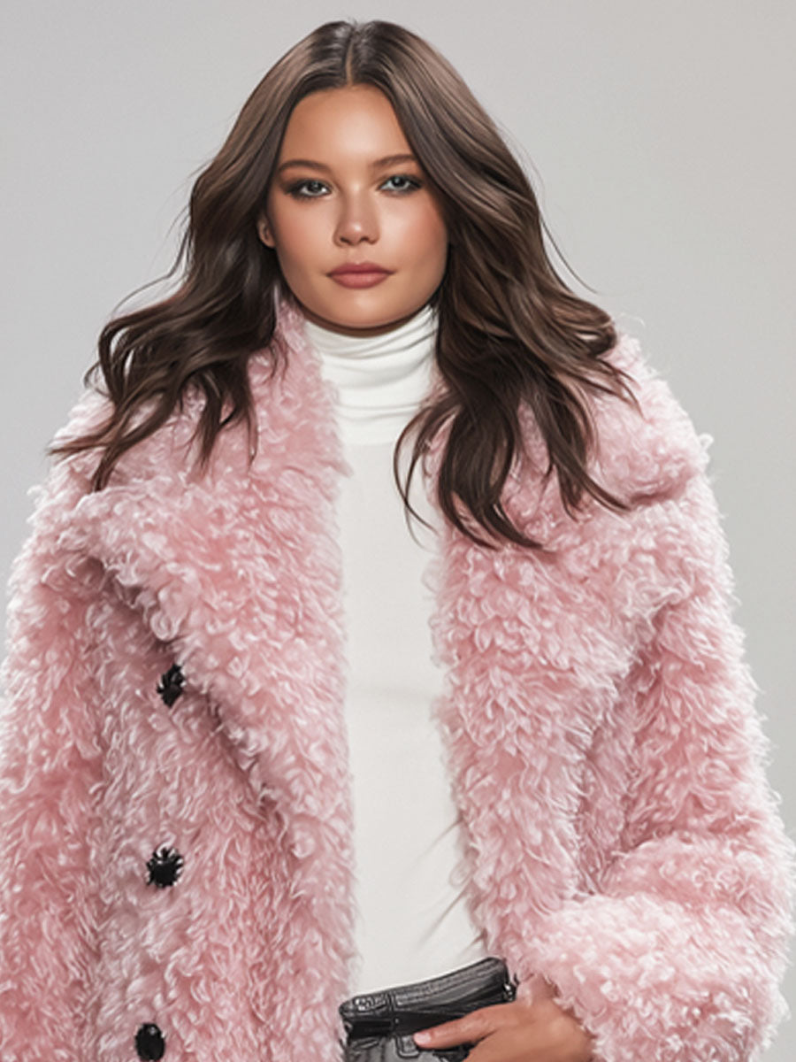 Pink Lapel Button Warm Curly Faux Fur Coat