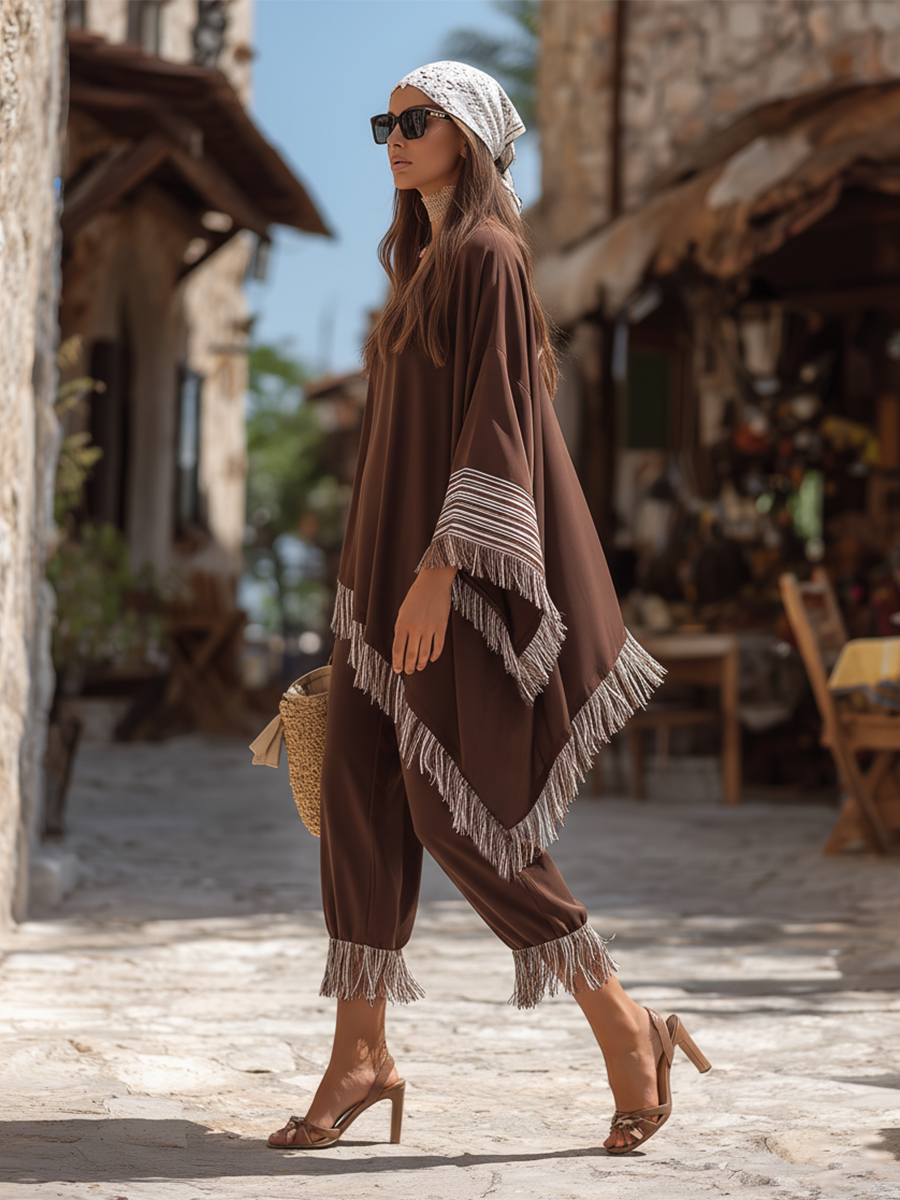 Retro Bohemian V-neck Cotton Tassel Top And Drawstring Capri Pants Set