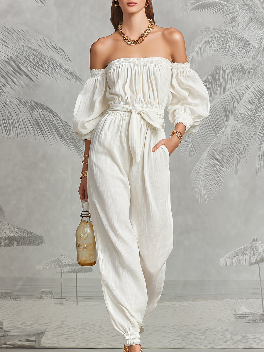 Fashionable Vacation White Cotton And Linen Off-shoulder Elastic Jumpsuit