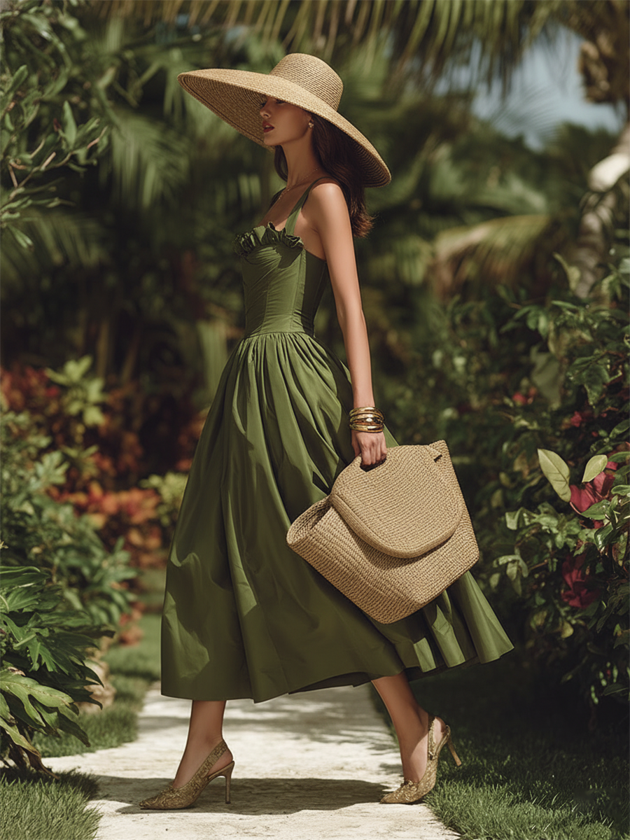 Elegant Vacation Style Ruffled Neckline A-line Green Midi Dress