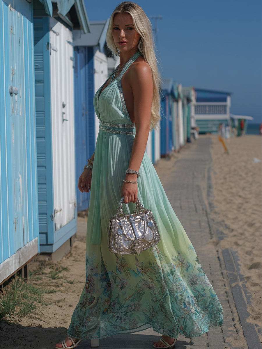 Luxury Resort Mint Green Gradient Floral Print Chiffon Halter Neck Maxi Dress