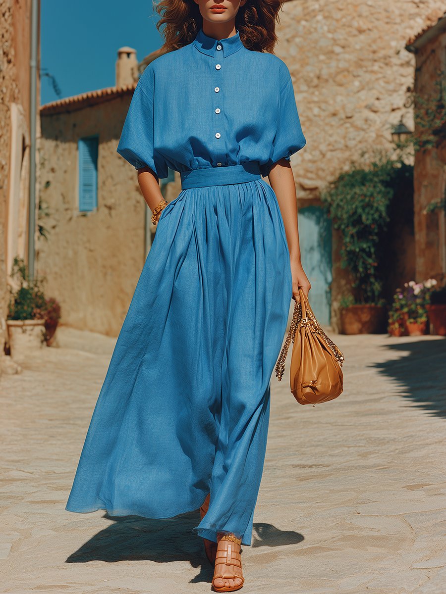 Blue Vacation-style Short-sleeved Top And Skirt Set