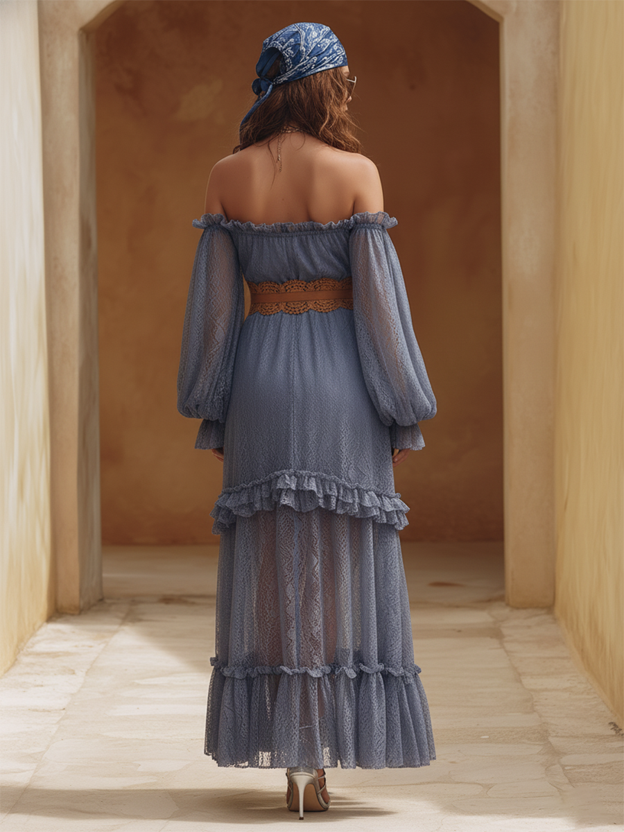Elegant Bohemian Off-Shoulder Gray-Blue Lace Maxi Dress