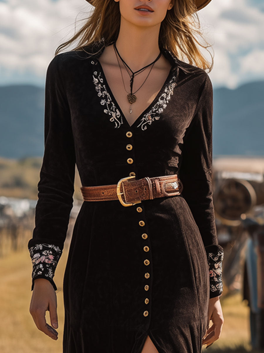 Western Retro Embroidery Black Suede Lace-Up Long Sleeve Midi Dress