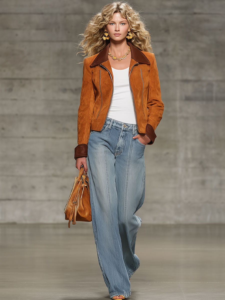 Fashionable And Casual Brown Faux Suede Lapel Long-Sleeved Jacket