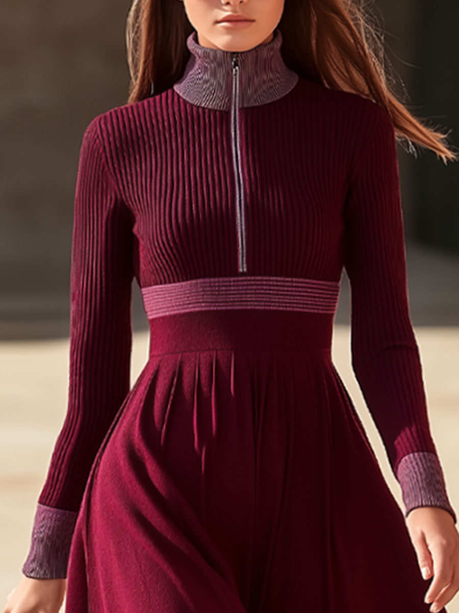 Elegant And Comfortable Cherry Red Knitted Long-Sleeved Maxi Dress