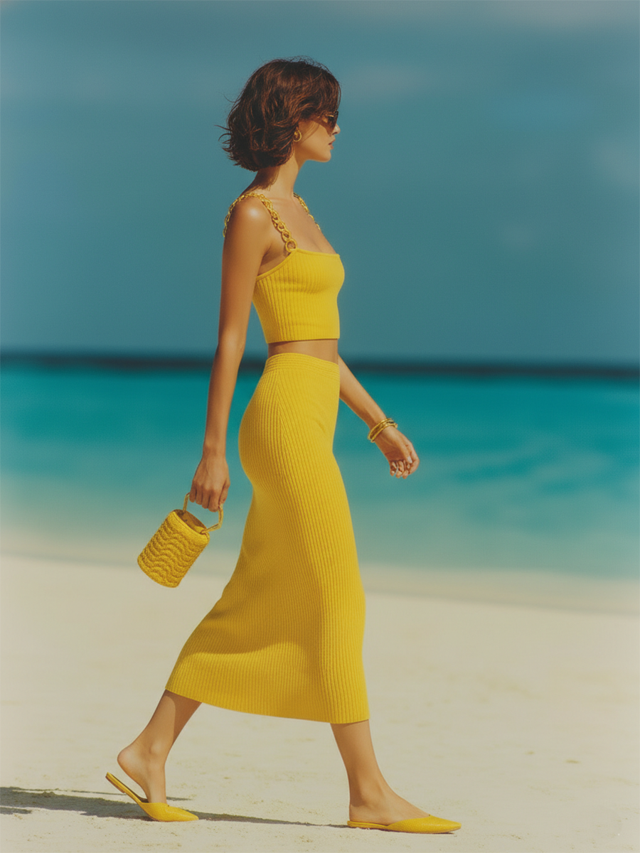 Vacation-style Yellow Knitted Camisole And Skirt Set