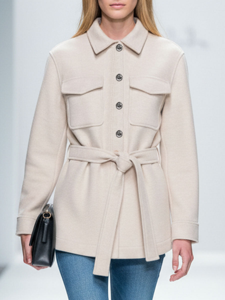 Fashionable Casual Belted Beige Suede Coat